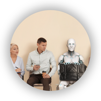 Two people and one AI robot sat down waiting to be interviewed