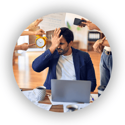 Stressed HR worker with people around them
