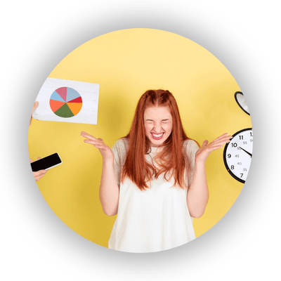 Woman experiencing pressure with competing demands - phone, pie chart, clock and megaphone around her